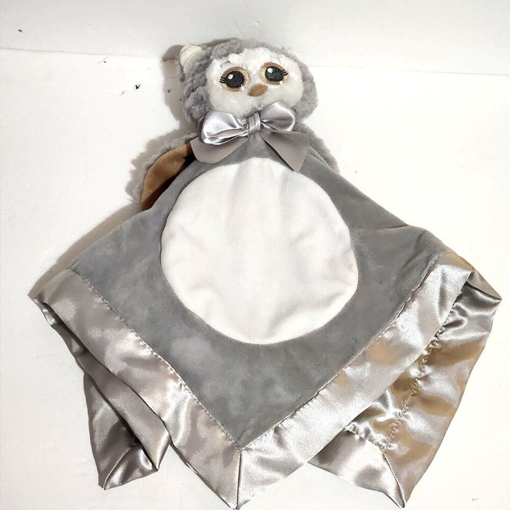 Bearington Baby Collection Owl Security‎ Blanket Lovey Gray White Rattle Satin